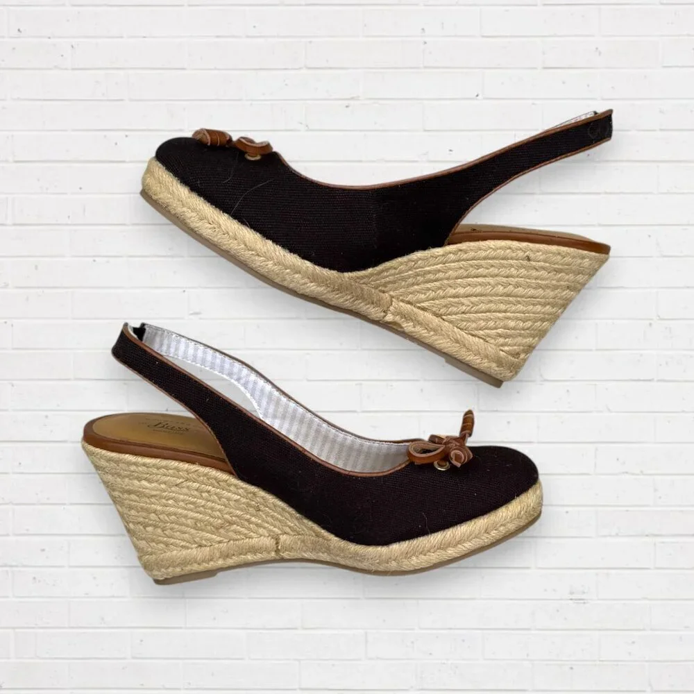 BASS Black Canvas Sling Back Kim Wedge Jute Espadrilles Heels Shoes Womens 7